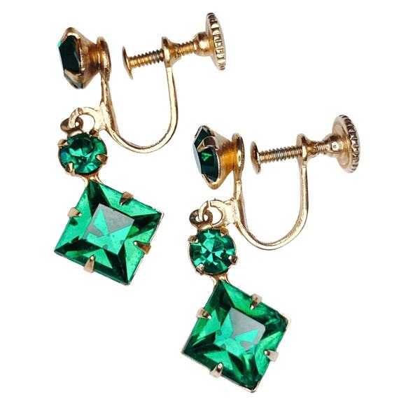 VTG 1940s 1950s Screw Back Earrings Green Rhinestone Cocktail Mid Century - Picture 1 of 9